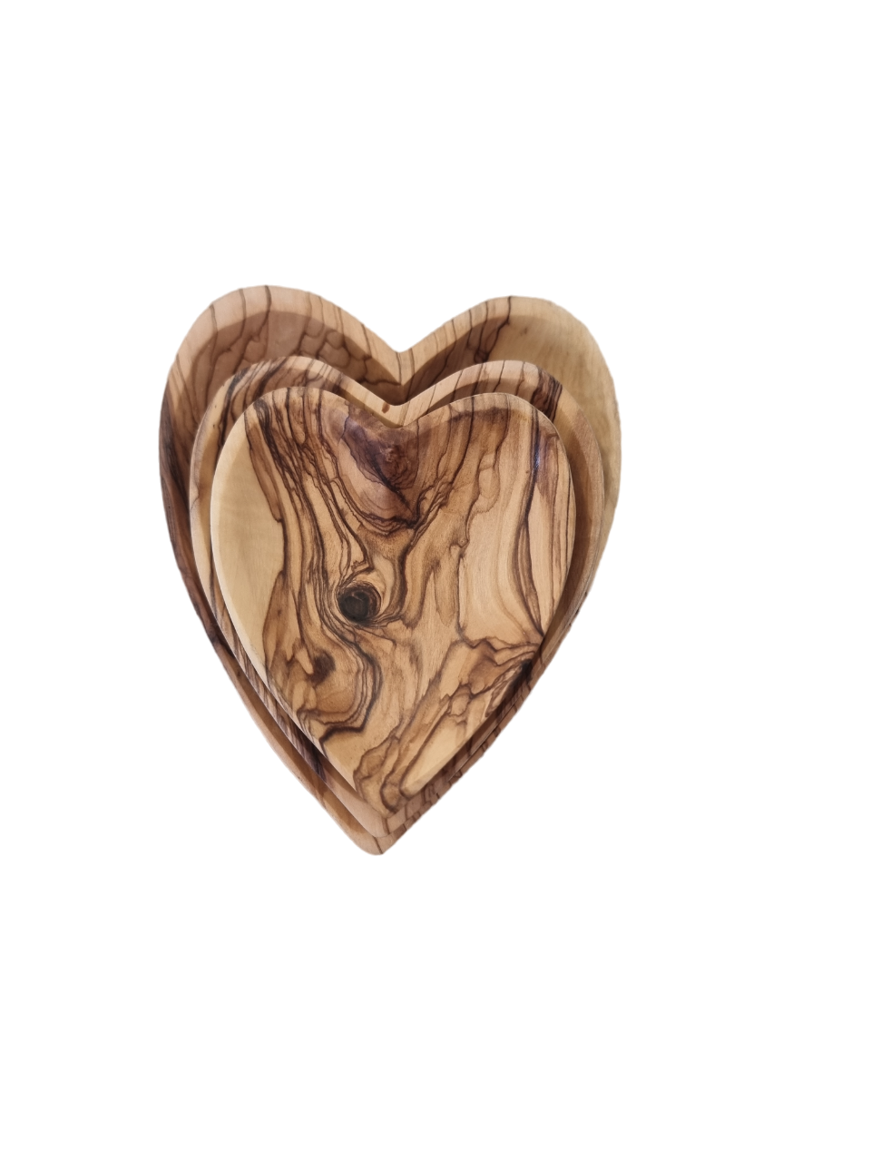 Set Of Three Heart Shaped Olive Wood Bowls From Bethlehem.