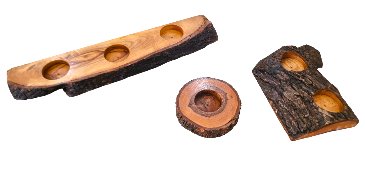 Three Sets Of Natural Olive Wood Tealight Candle Holders. 