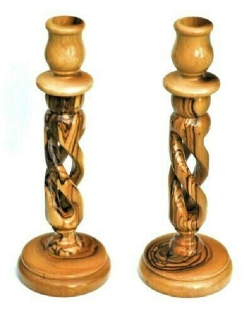 Two Highly Carved Olive Wood Candlesticks Bethlehem.