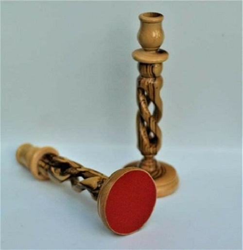 Olive Wood Candlesticks Bethlehem Displayed On Table. 