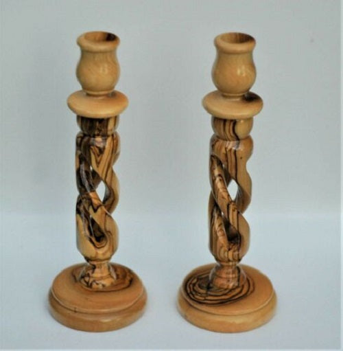 Two Hand- Carved Olive Wood Candlesticks On Display From Bethlehem. 