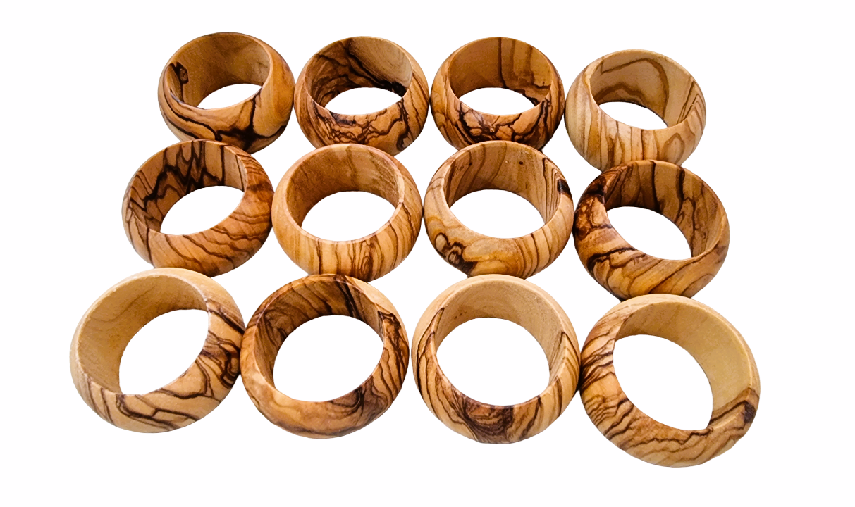 Twelve Olive Wood Napkin Rings On Display.