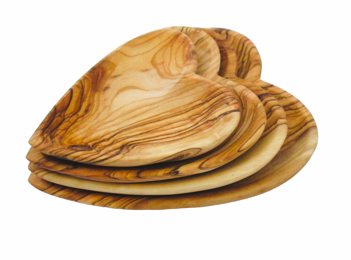 Set Of Four Heart Shaped Olive Wood Plates Bethlehem.