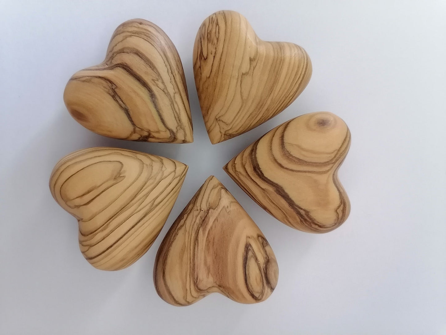 Five Hand Carved Olive Wood Hearts From Bethlehem.