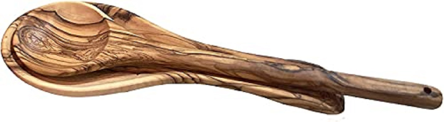 Olive Wood Spoon Rest From Bethlehem With Spoon On It.